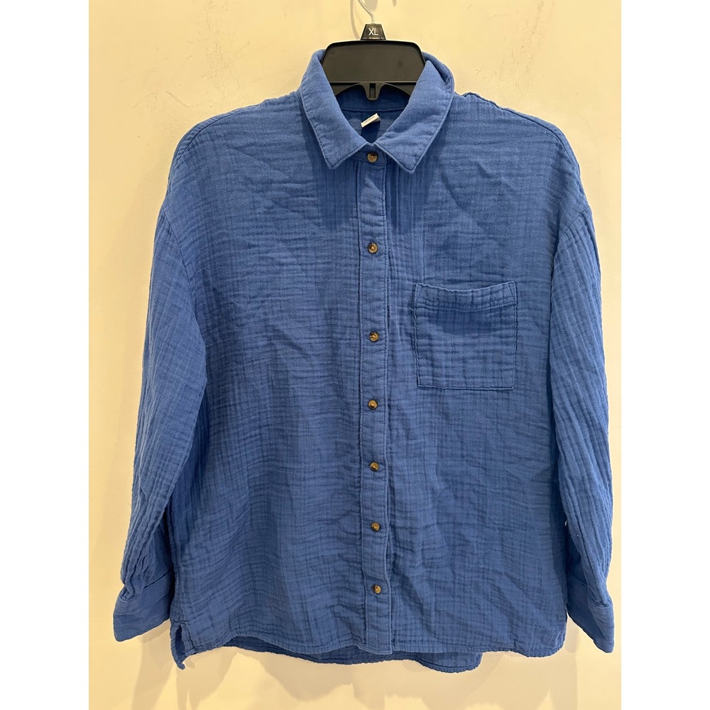 Old Navy Women Blue Double-Gauze 100% Cotton Long Sleeve Button Down Shirt Small